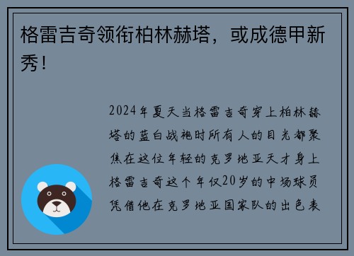 格雷吉奇领衔柏林赫塔，或成德甲新秀！